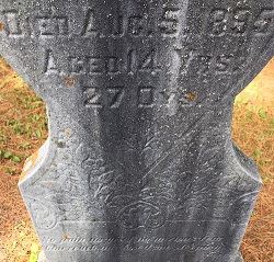close up of old headstone with death date of 1895